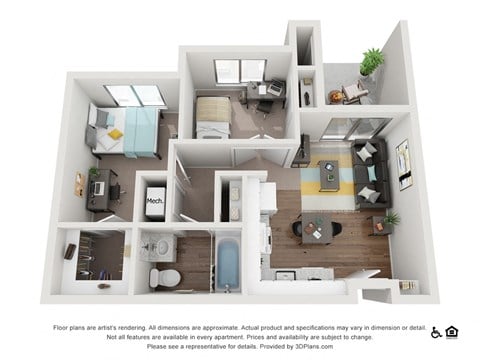 Floor plan for 2 beds, 1 bath, 714 sqft